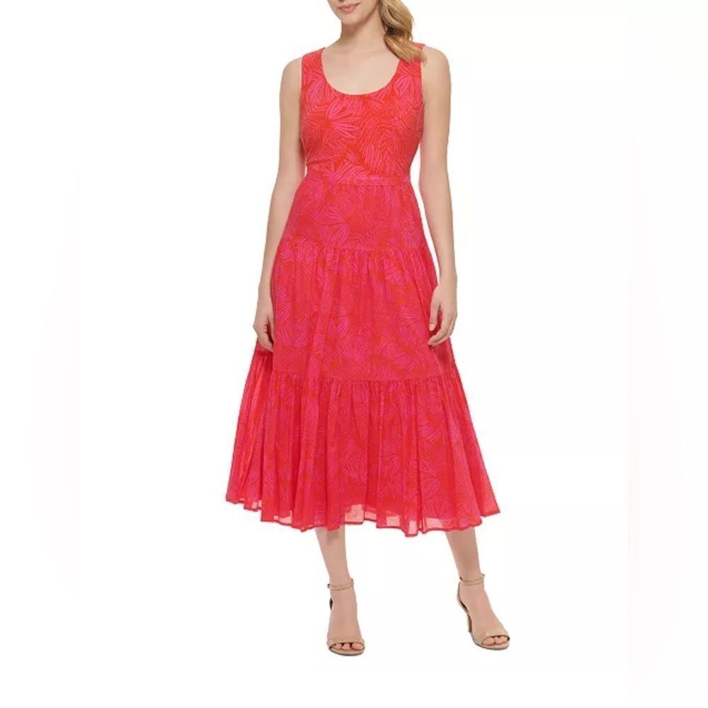 Tommy Hilfiger Red & Pink Palm-Print Sleeveless Summer Midi Dress Size 8